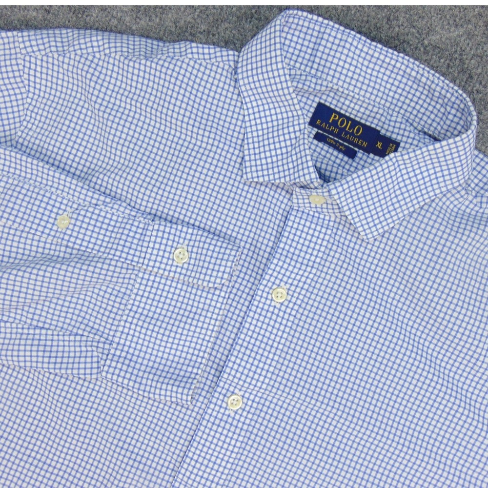 Polo Ralph Lauren Button Down Mens XL 120s 2-ply Blue White Check Preppy Office